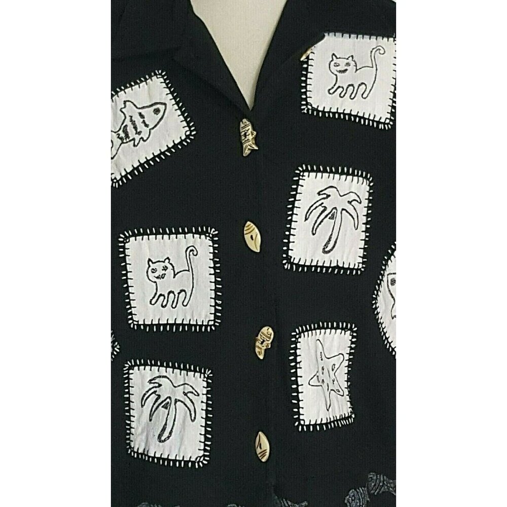 Country Wear Casuals Top Womens L Black Linen Blend Novelty Cat Fish Patchwork
